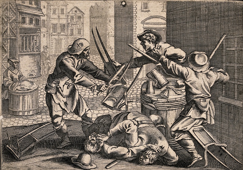 V0019462 A drunken street brawl between four young colporteurs and a